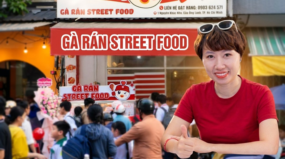 Thảo Tóc Ngắn trước quầy nhượng quyền Gà Rán Street Food